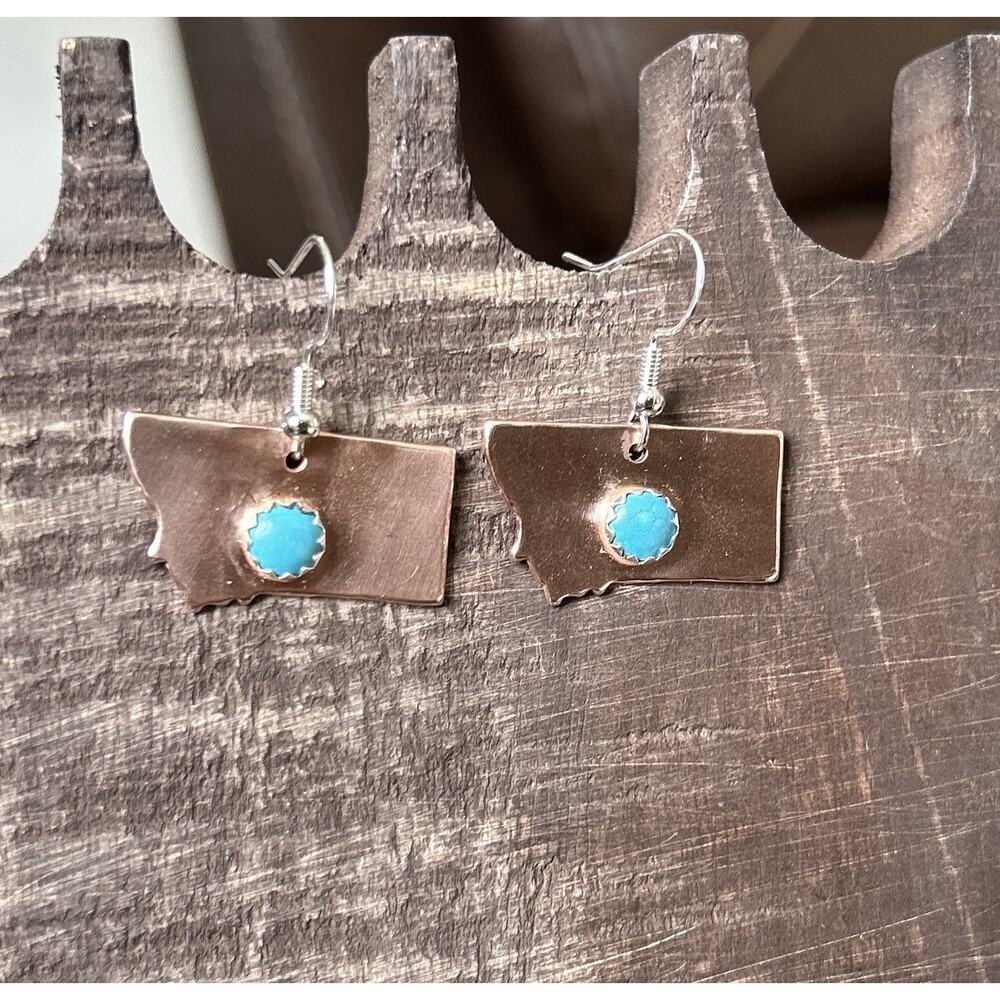 Montana State Sleeping Beauty Turquoise Copper & Silver Dangle Earrings New